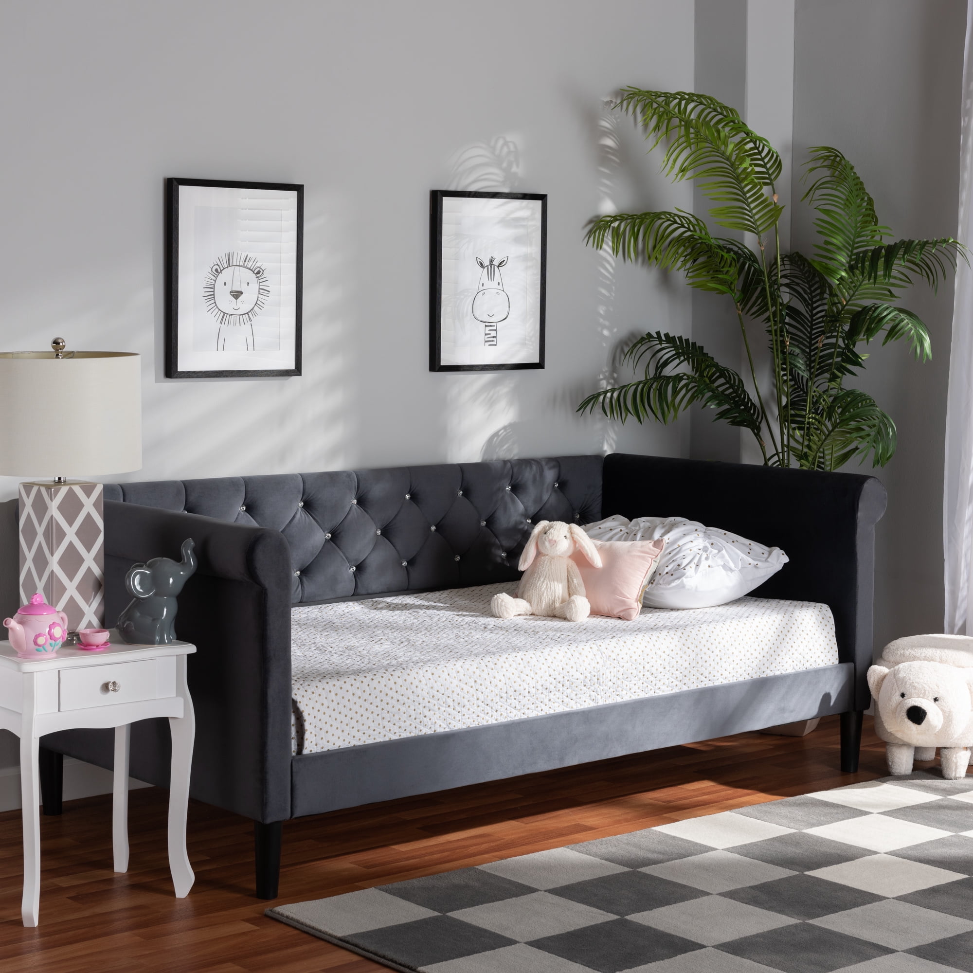 Baxton Studio Cora Modern and Contemporary Grey Velvet Fabric Upholstered and Dark Brown Finished Wood, Full Size Daybed