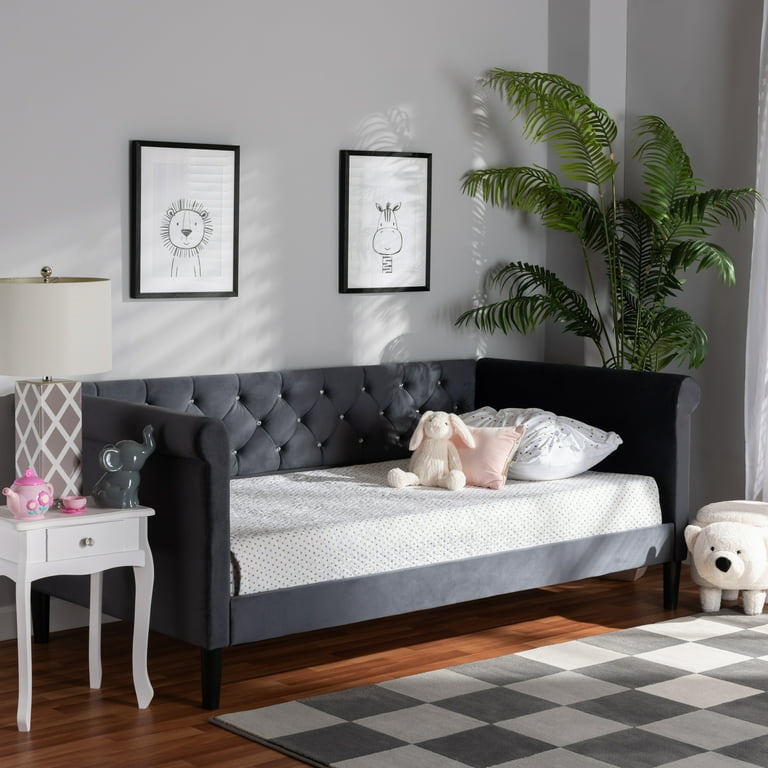 Baxton Studio Cora Modern and Contemporary Grey Velvet Fabric Upholstered and Dark Brown Finished Wood Full Size Daybed