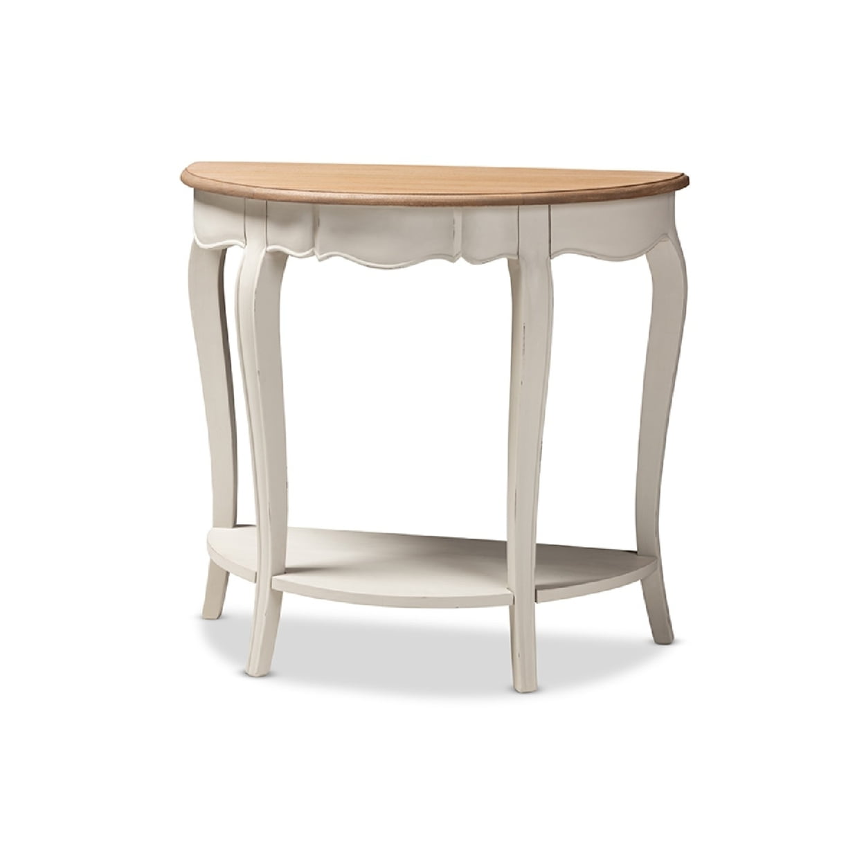 Cordelia 32" White and Natural Wood Demilune Console Table with Storage