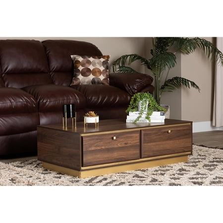Baxton Studio Cormac Mid-Century Modern Transitional Walnut Brown Finished Wood and Gold Metal 2-Drawer Coffee Table
