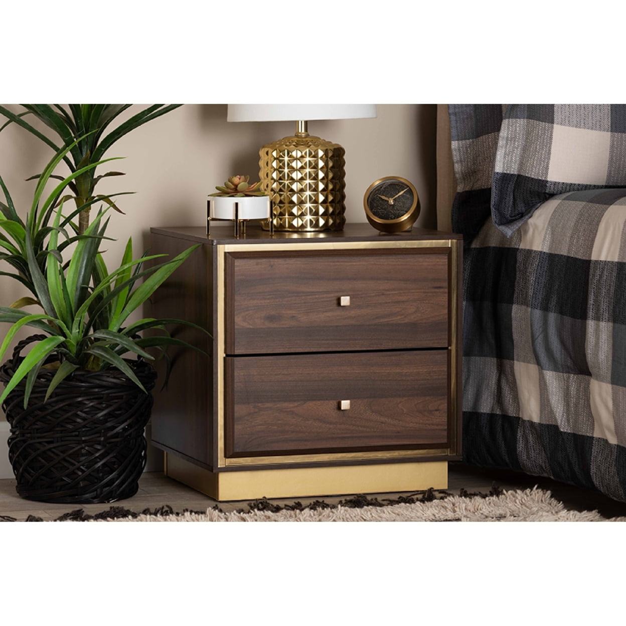 Cormac Walnut Brown and Gold Metal 2-Drawer Nightstand