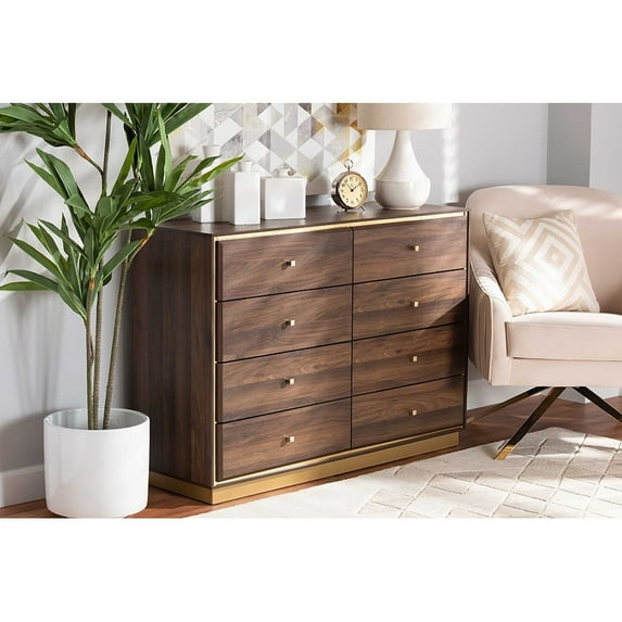 Baxton Studio Cormac Modern and Contemporary Walnut Brown Finished Wood and Gold Metal 8-Drawer Dresser