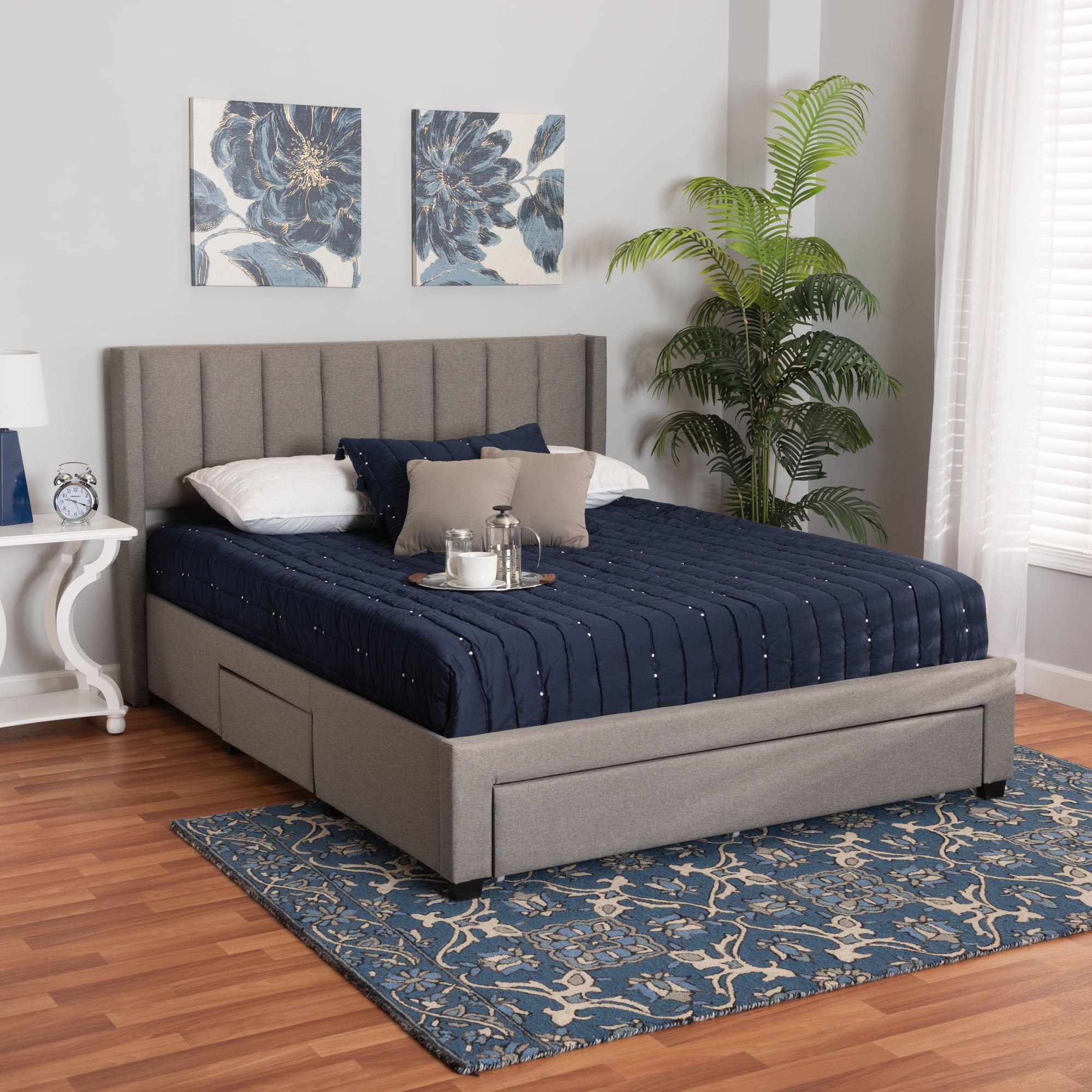 Baxton Studio Coronado Mid-Century Modern Transitional Grey Fabric Queen Size 3-Drawer Storage Platform Bed
