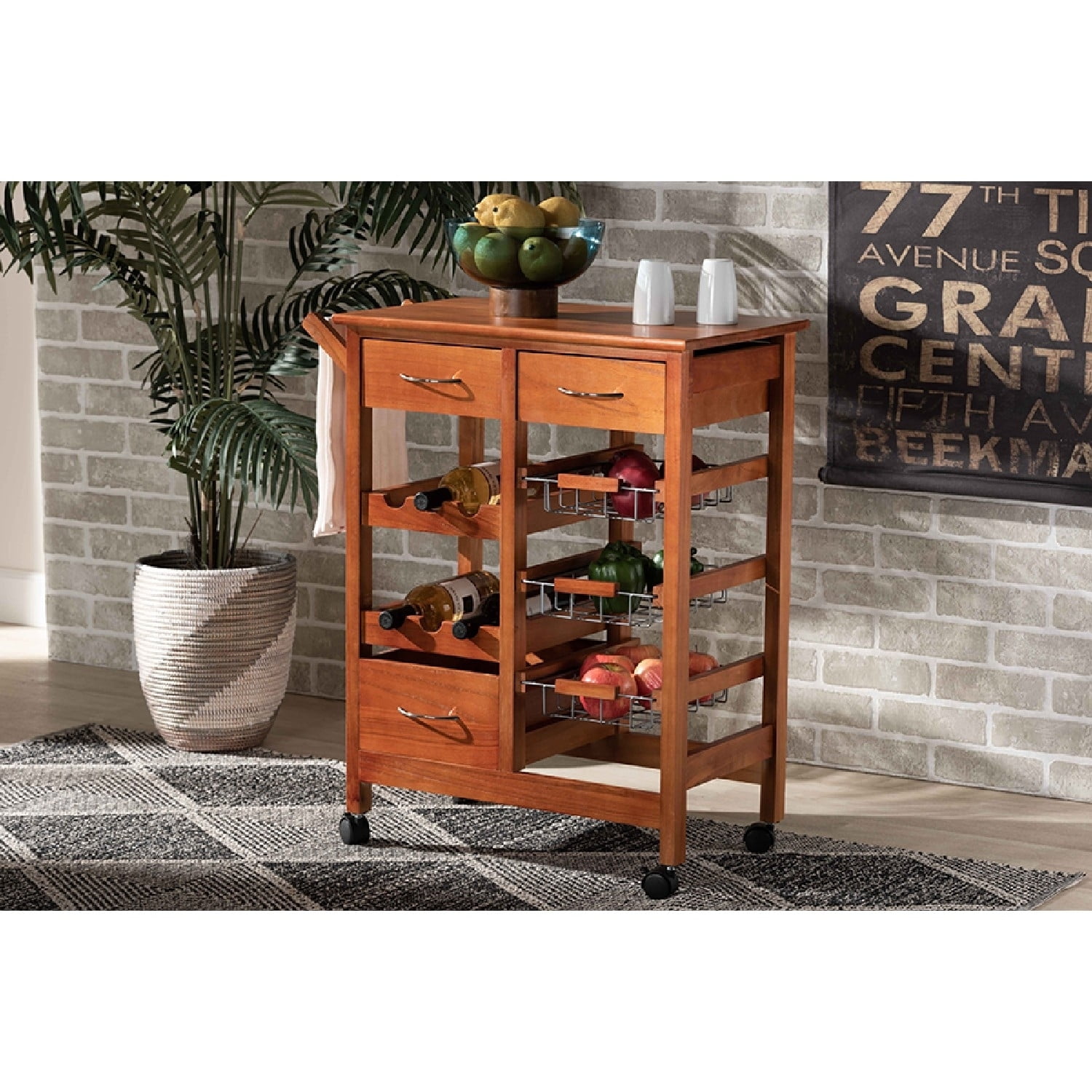 Crayton Oak Brown and Silver Mobile Kitchen Cart with Wine Storage