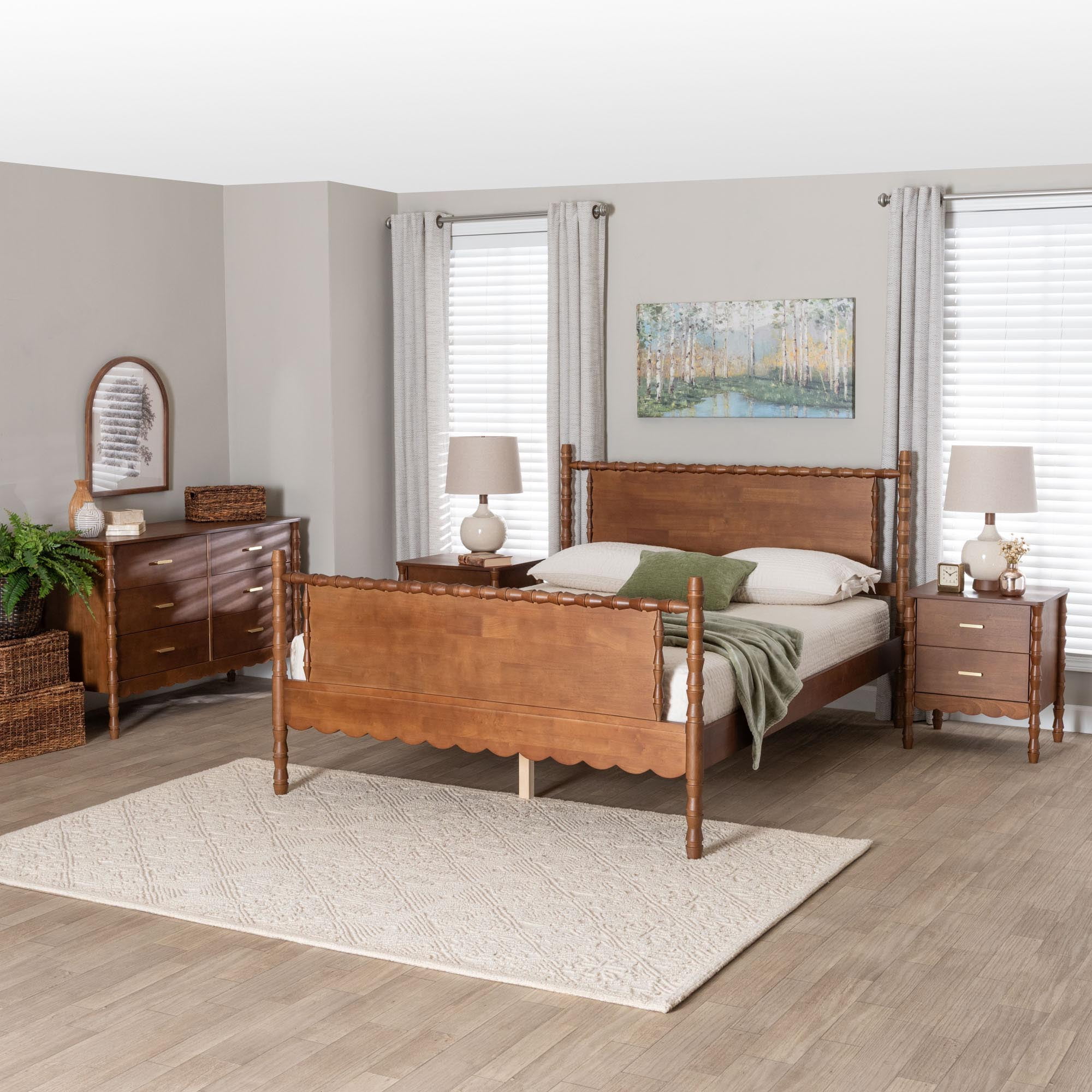 Baxton Studio Danette Modern Bedroom Set, 4-Piece with Two Nightstands, Queen, Walnut Brown