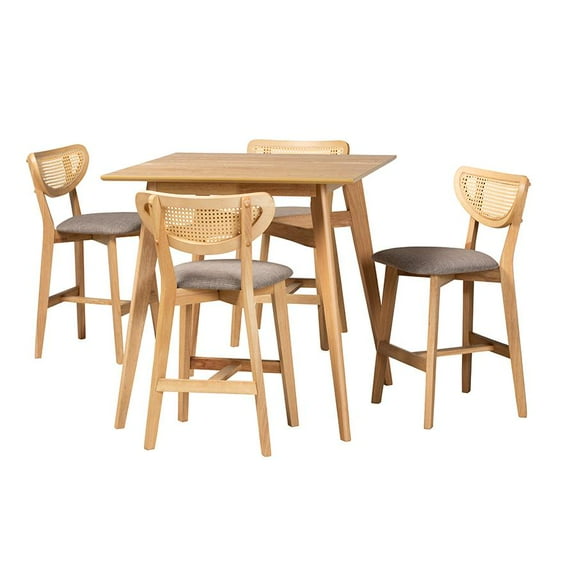 Baxton Studio Dannell 5-Piece Fabric & Wood Pub Set in Gray/Natural Oak