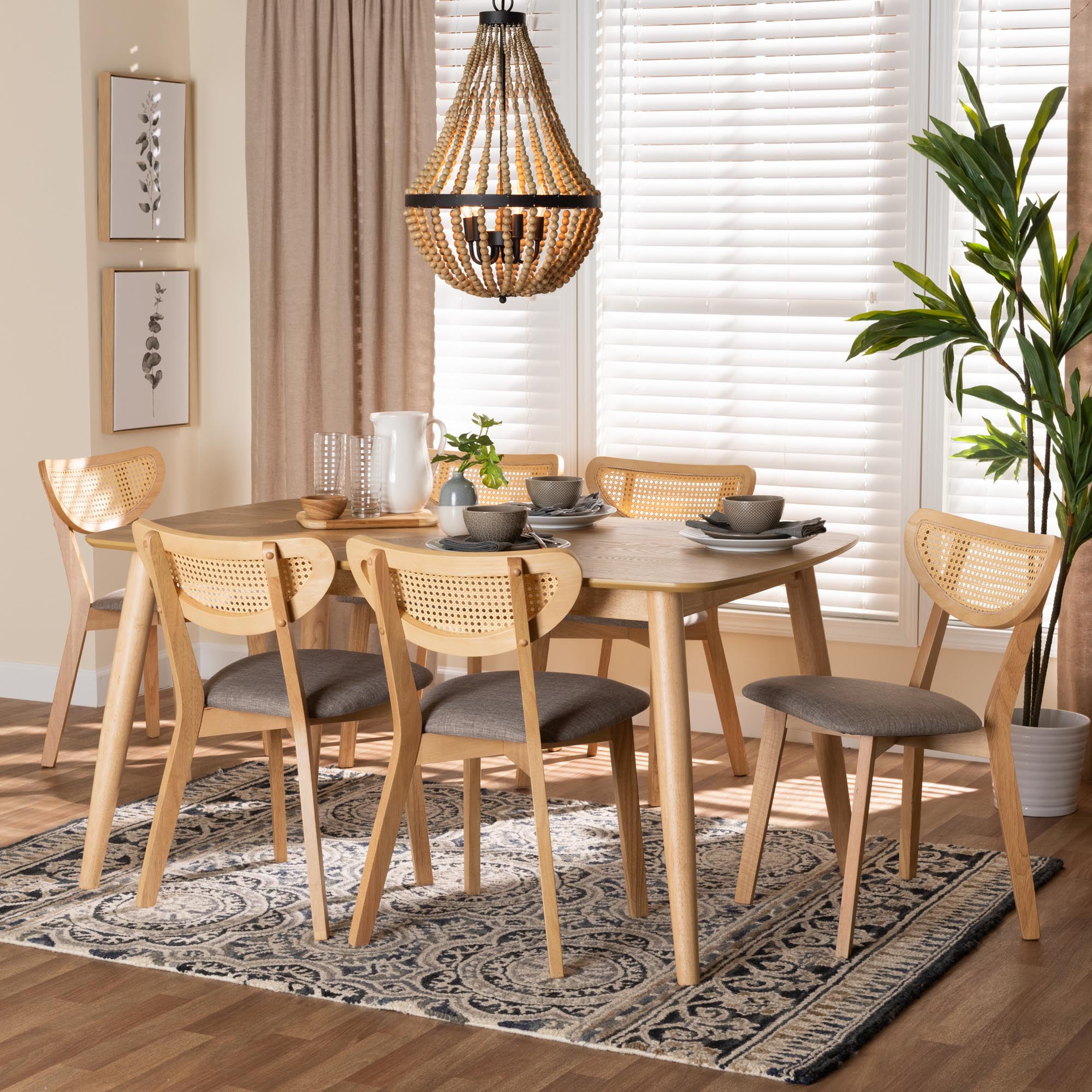 Baxton Studio Dannell Mid-Century Dining Set, 7-Piece, Natural Oak