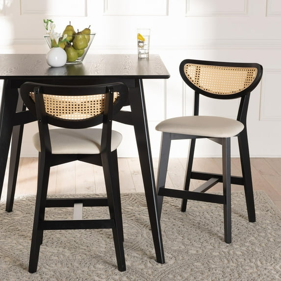 Baxton Studio Dannell Mid-Century Modern Cream Fabric and Black Finished Wood 2-Piece Counter Stool Set