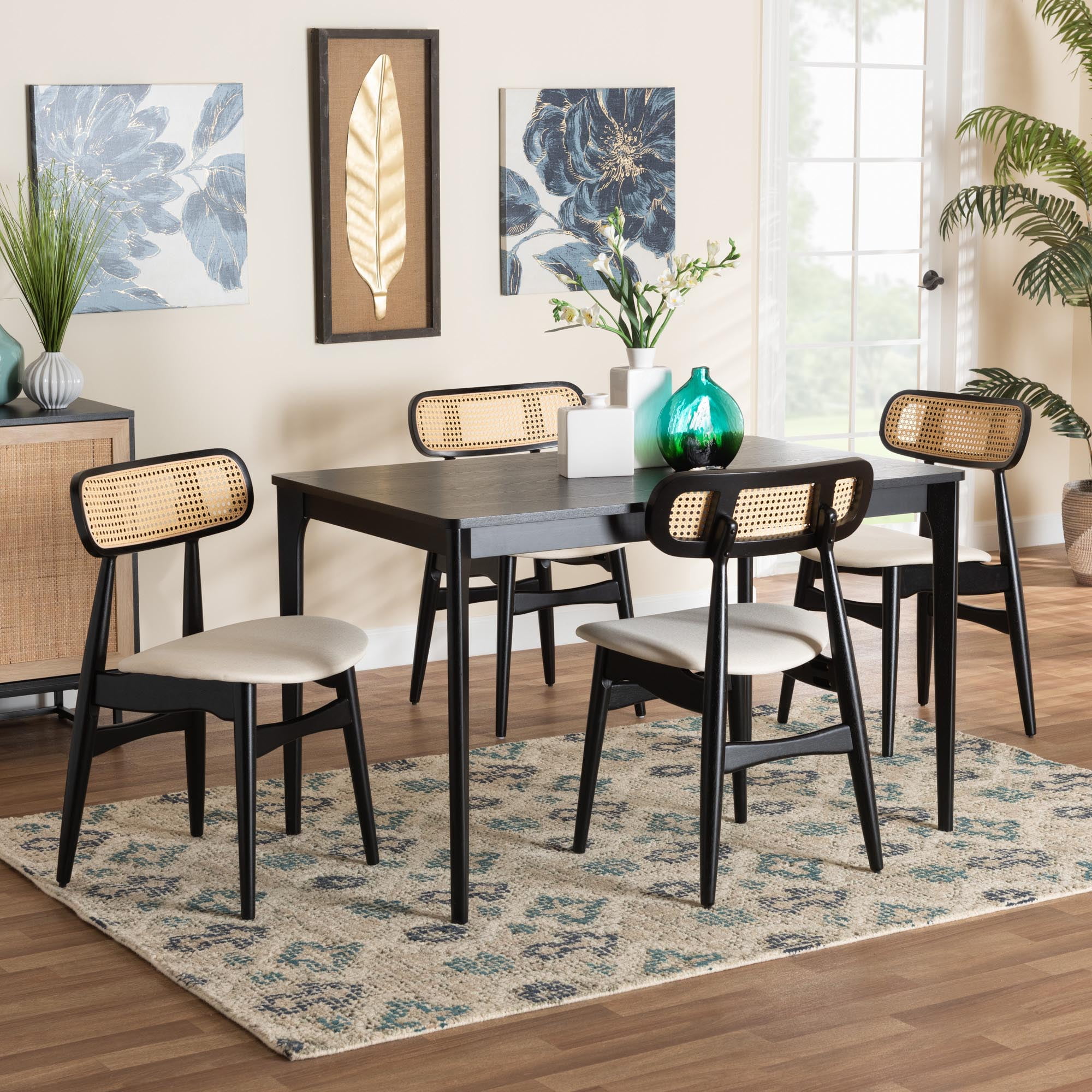 Baxton Studio Dannon Mid-Century Modern Grey Fabric and Natural Oak Finished Wood 7-Piece Dining Set