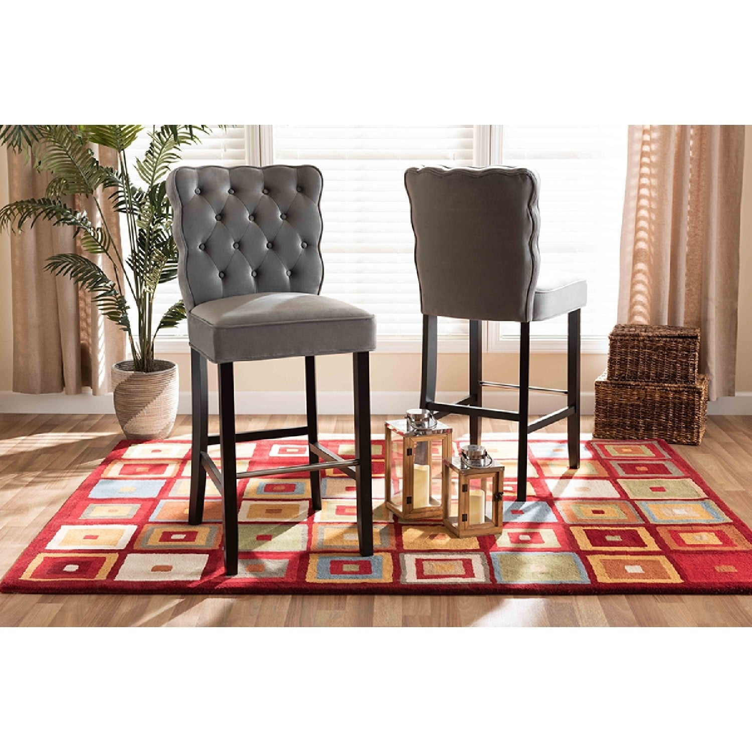 Adjustable Gray Velvet and Wood Bar Stool Set