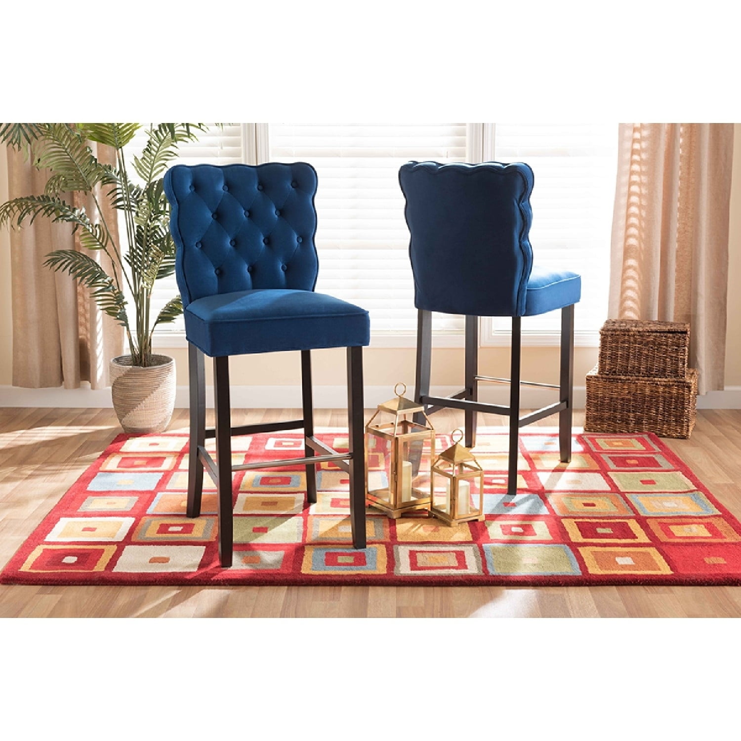 Elegant Navy Blue Velvet & Dark Wood Adjustable Barstool Set