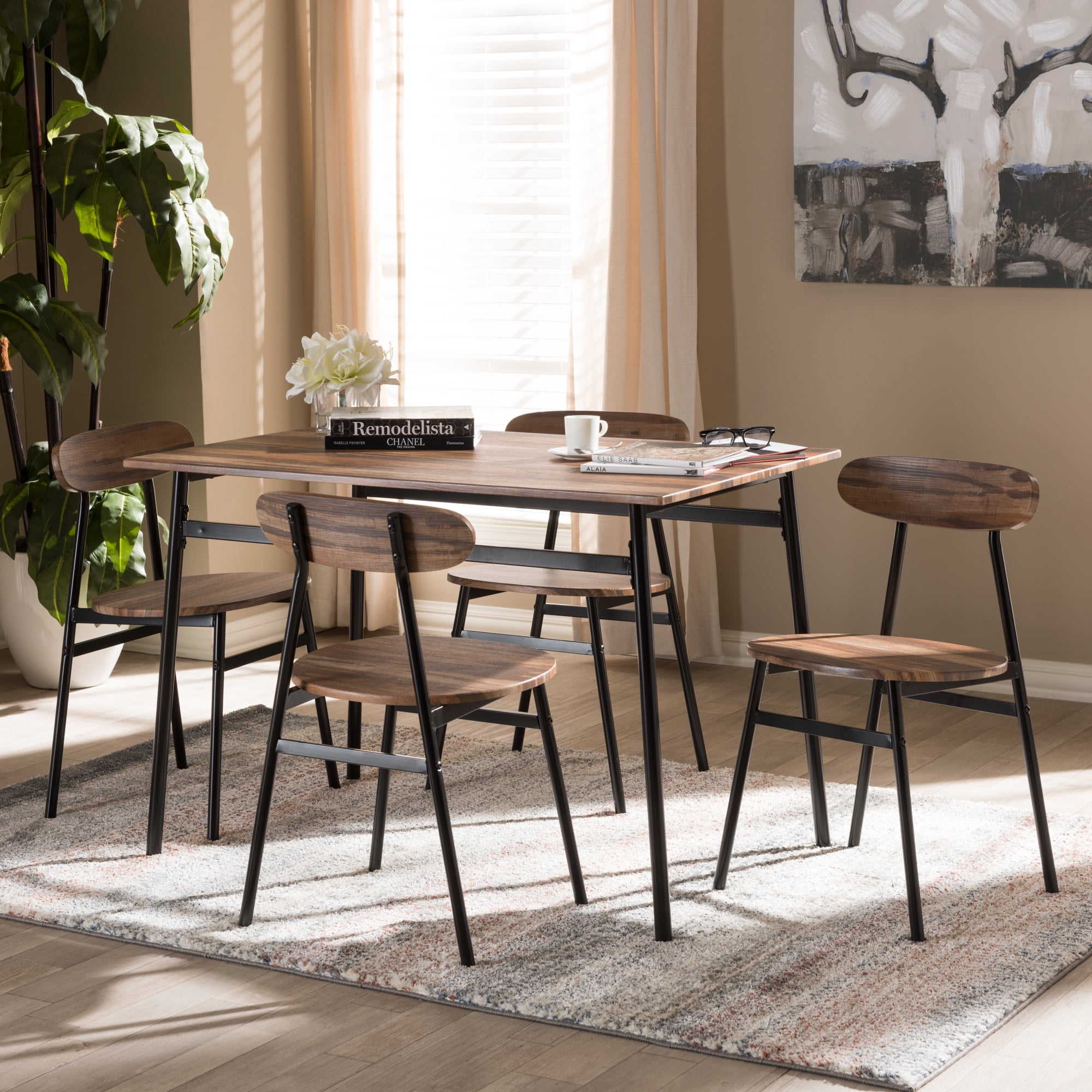 Darcia Rustic & Industrial Brown Wood and Matte Black 5-Piece Dining Set