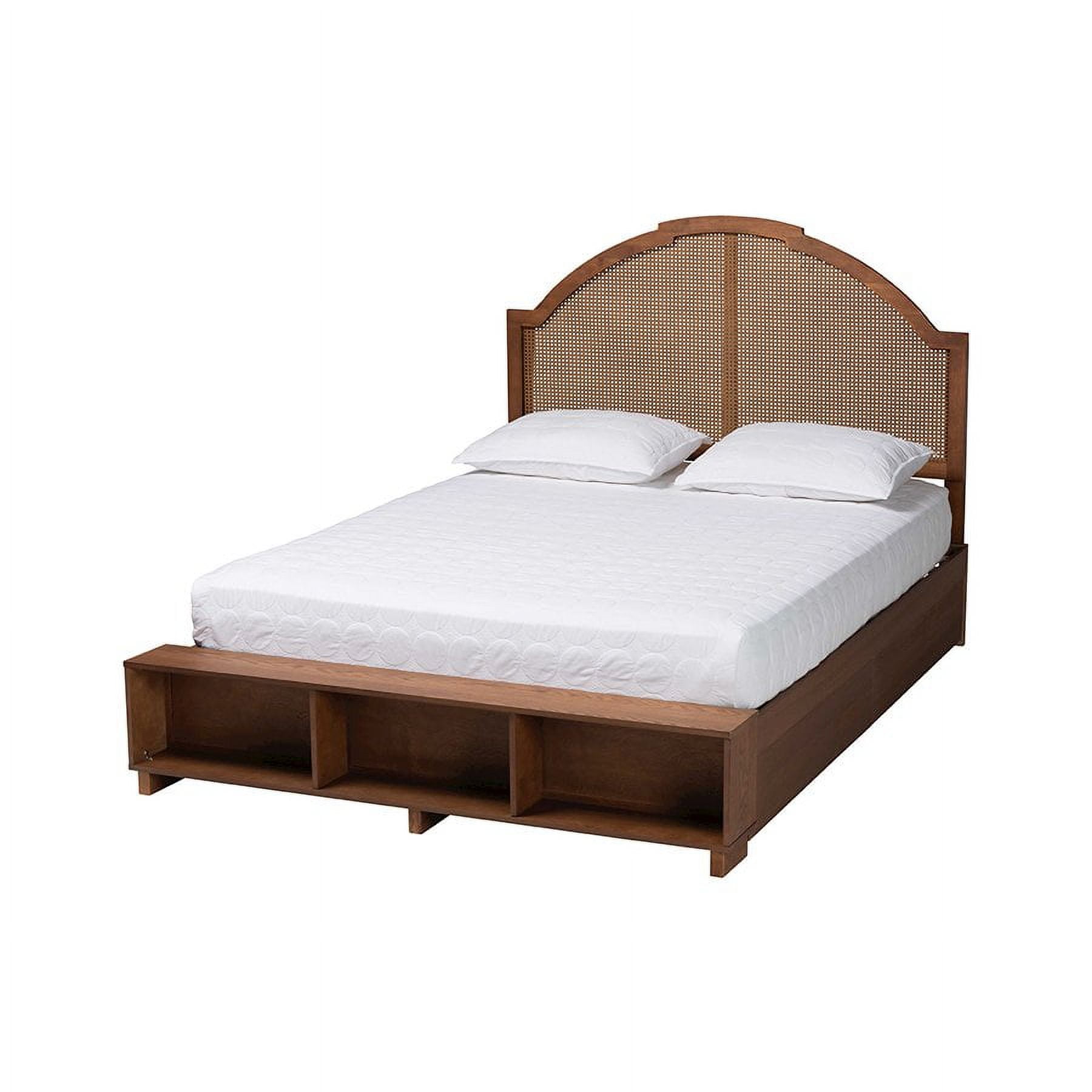 Walnut Brown Queen Bed with Rattan Headboard and Storage Drawers
