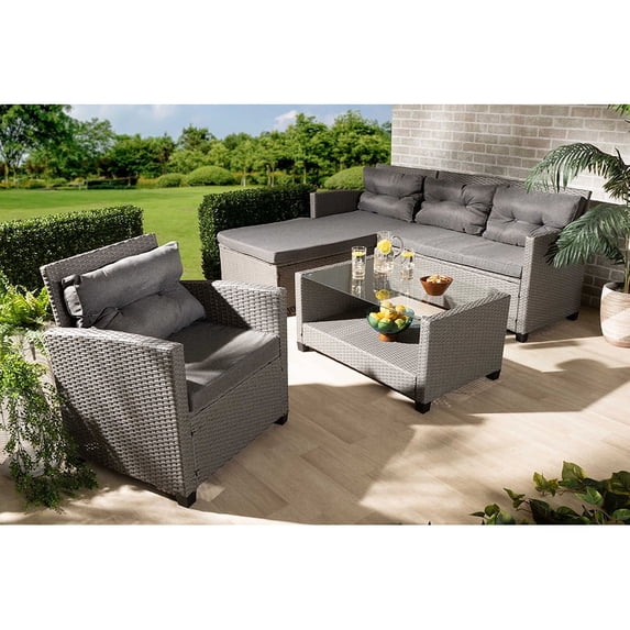 Baxton Studio Darian Modern and Contemporary Grey Fabric Upholstered and Grey Synthetic Rattan 4-Piece Patio Set