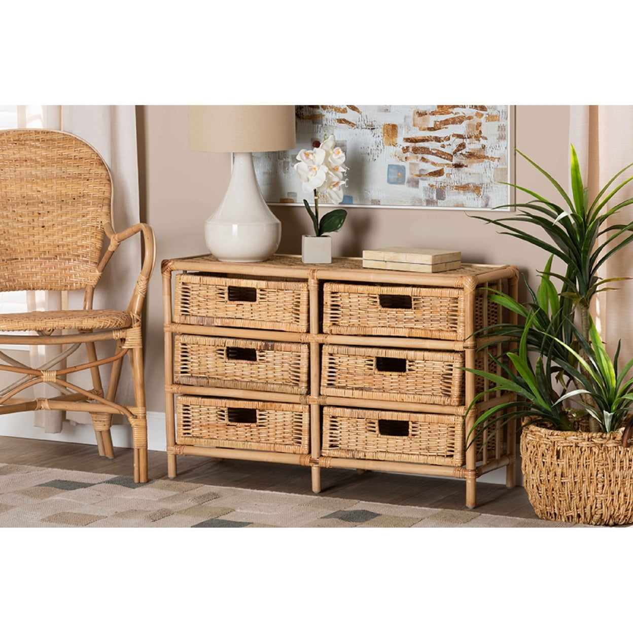 Natural Brown Rattan 6-Drawer Bohemian Storage Cabinet