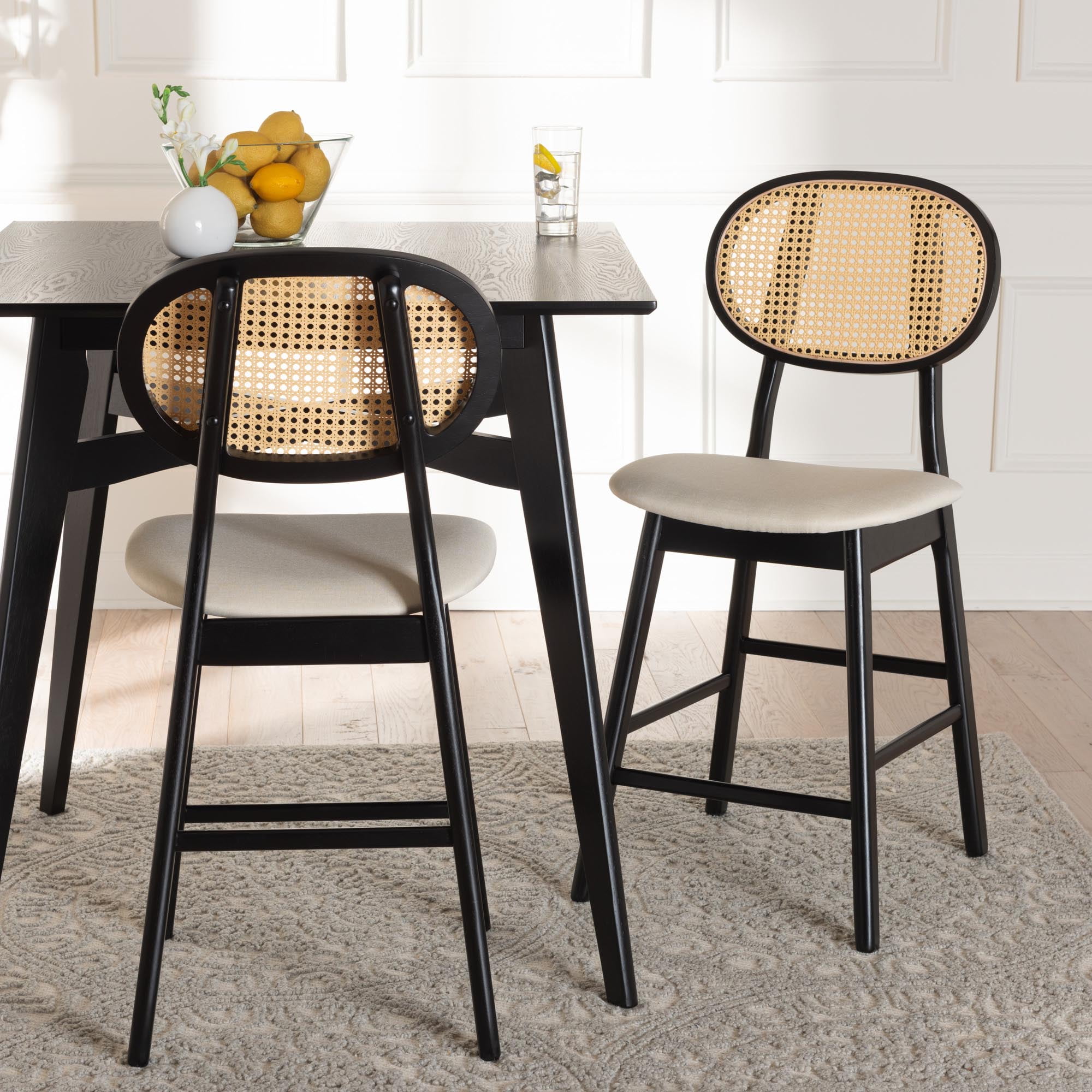 Baxton Studio Darrion Mid-Century Modern Cream Fabric and Black Finished Wood 2-Piece Counter Stool Set