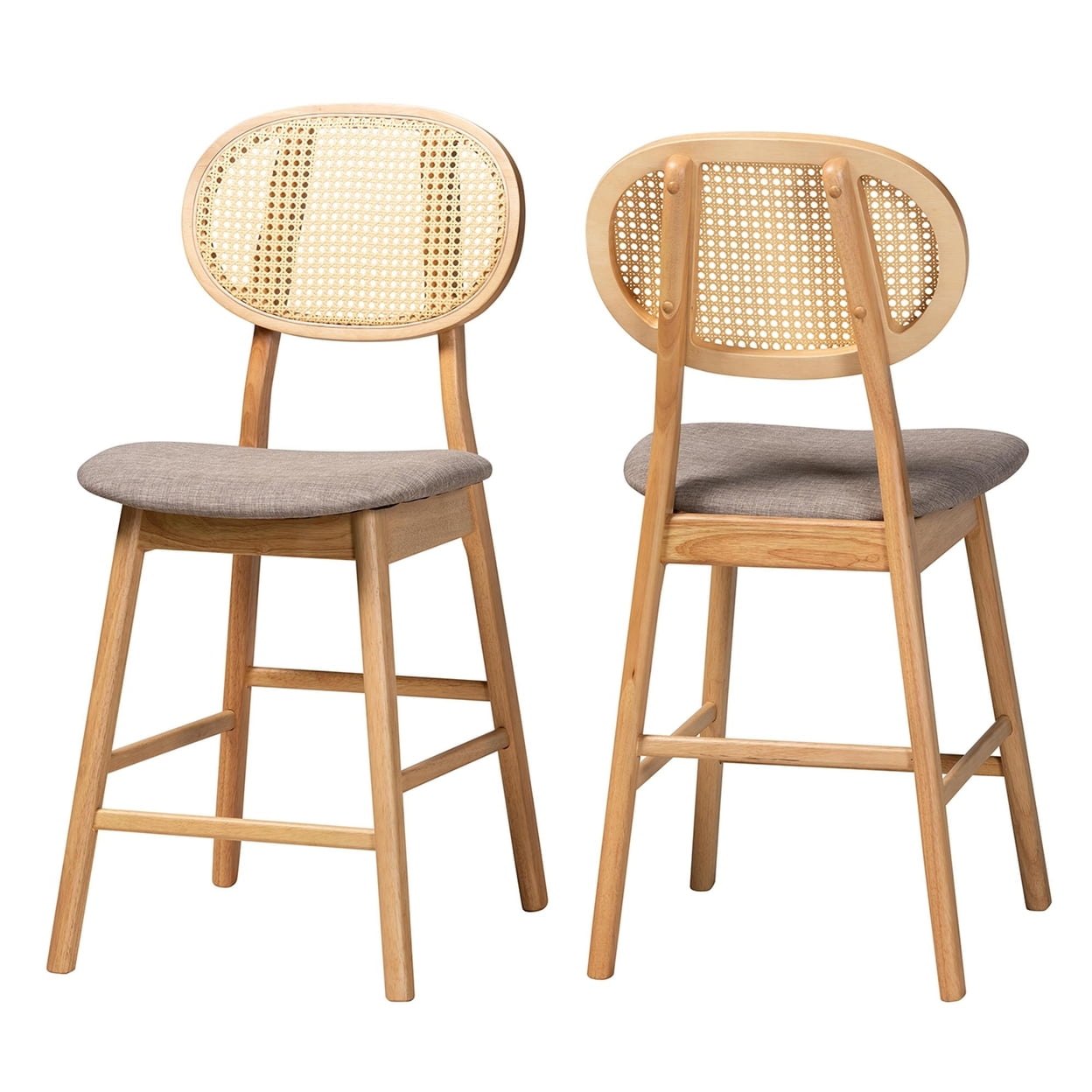 Mid-Century Grey Fabric and Natural Oak Counter Stools, Set of 2