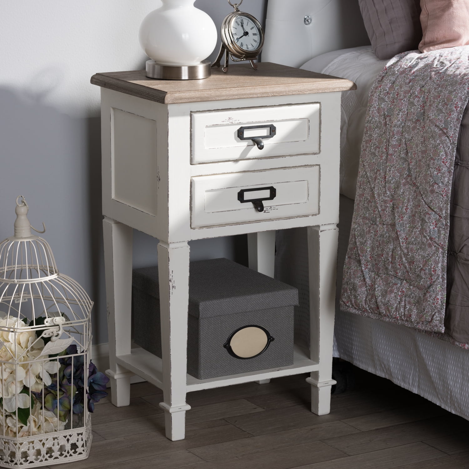 Dauphine Provincial Style 2-Drawer Nightstand in Distressed White and Oak