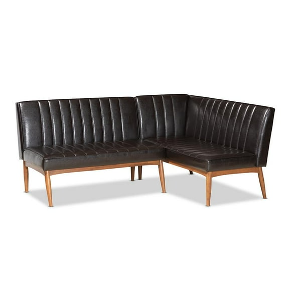 Baxton Studio Daymond Mid-Century Modern Dark Brown Faux Leather Upholstered and Walnut Brown Finished Wood 2-Piece Dining Nook Banquette Set