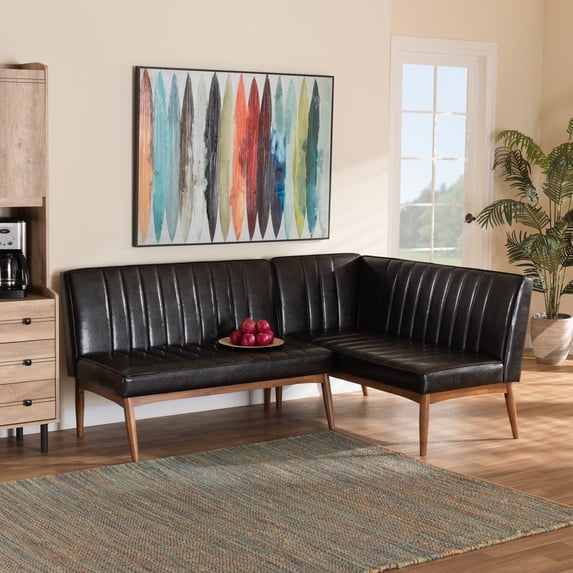 Baxton Studio Daymond Mid-Century Modern Dark Brown Faux Leather Upholstered and Walnut Brown Finished Wood 2-Piece Dining Nook Banquette Set