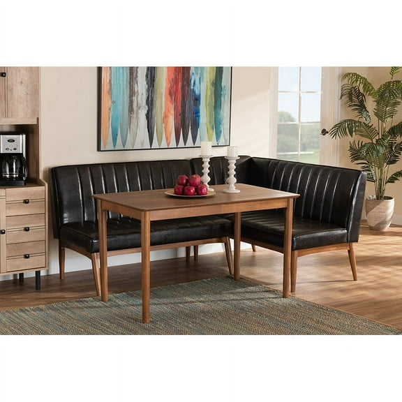 Baxton Studio Daymond Mid-Century Modern Dark Brown Faux Leather Upholstered and Walnut Brown Finished Wood 3-Piece Dining Nook Set