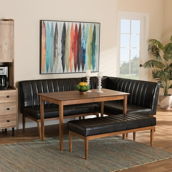Baxton Studio Daymond Mid-Century Modern Dark Brown Faux Leather Upholstered and Walnut Brown Finished Wood 4-Piece Dining Nook Set