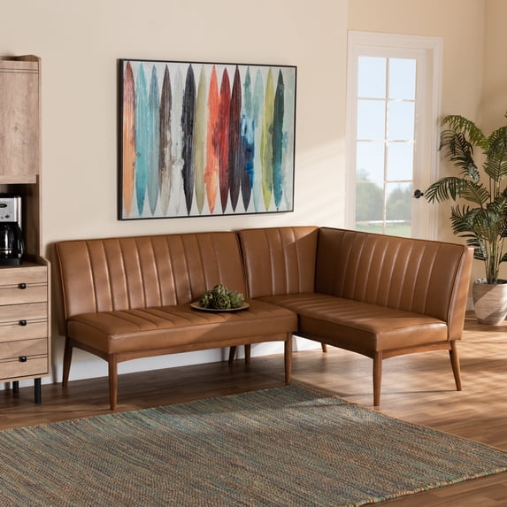 Baxton Studio Daymond Mid-Century Modern Tan Faux Leather Upholstered and Walnut Brown Finished Wood 2-Piece Dining Nook Banquette Set