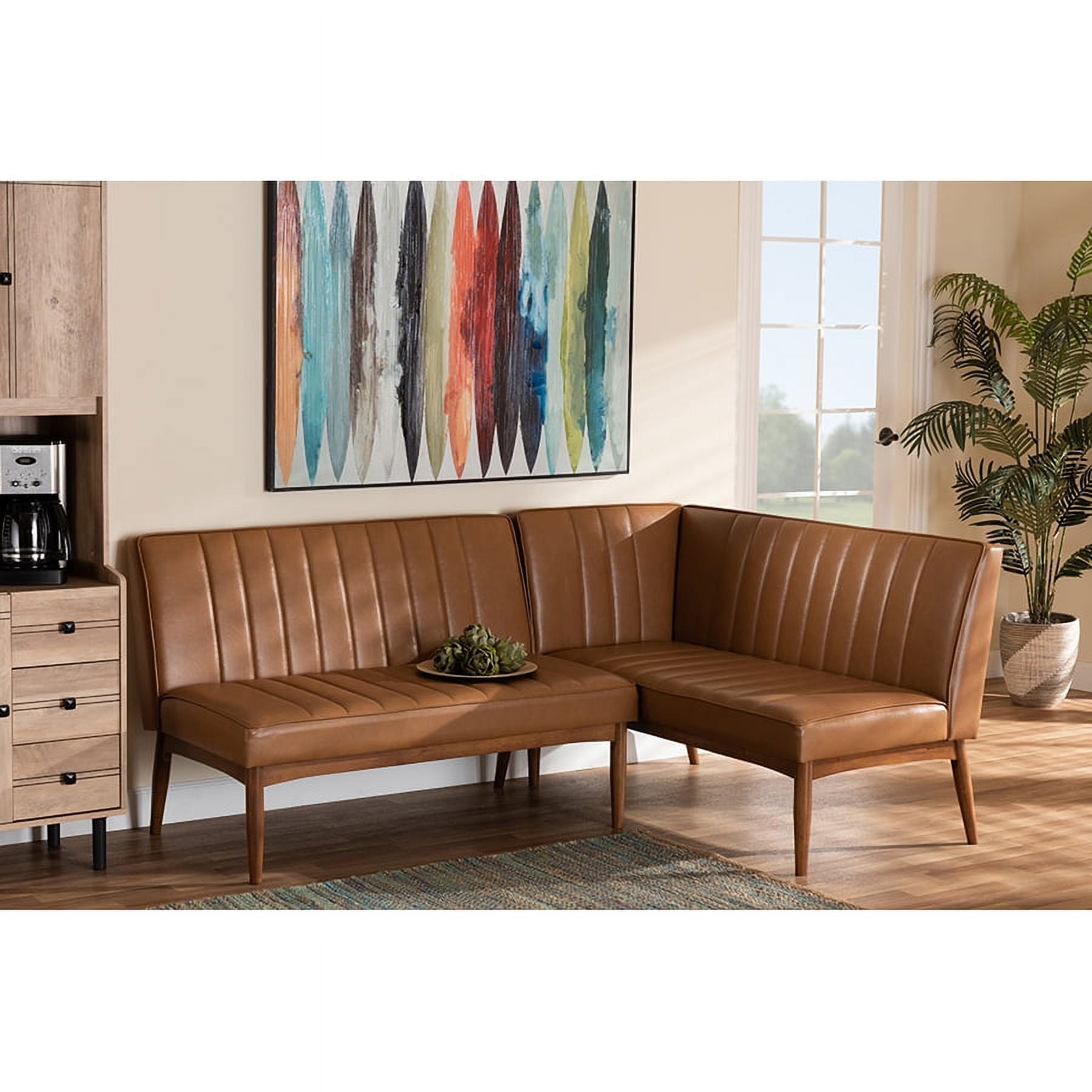 Baxton Studio Daymond 2 Piece Mid Century Modern Dining Nook Tan Faux Leather Walnut Wood Walmart