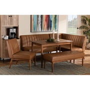 Baxton Studio Daymond Mid-Century Modern Tan Faux Leather Upholstered and Walnut Brown Finished Wood 5-Piece Dining Nook