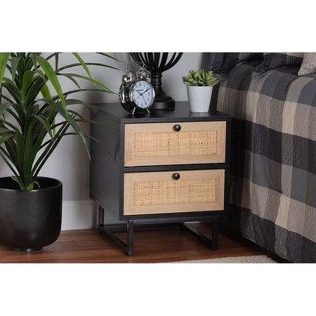 Baxton Studio Declan Mid-Century Modern Espresso Brown Finished Wood and Natural Rattan 2-Drawer End Table