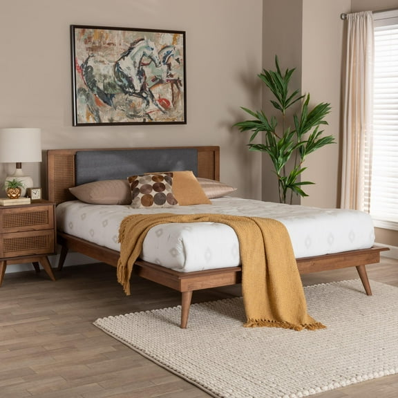 Baxton Studio Delfina Mid-Century Modern Dark Grey Fabric and Walnut Brown Finished Wood Full Size Platform Bed