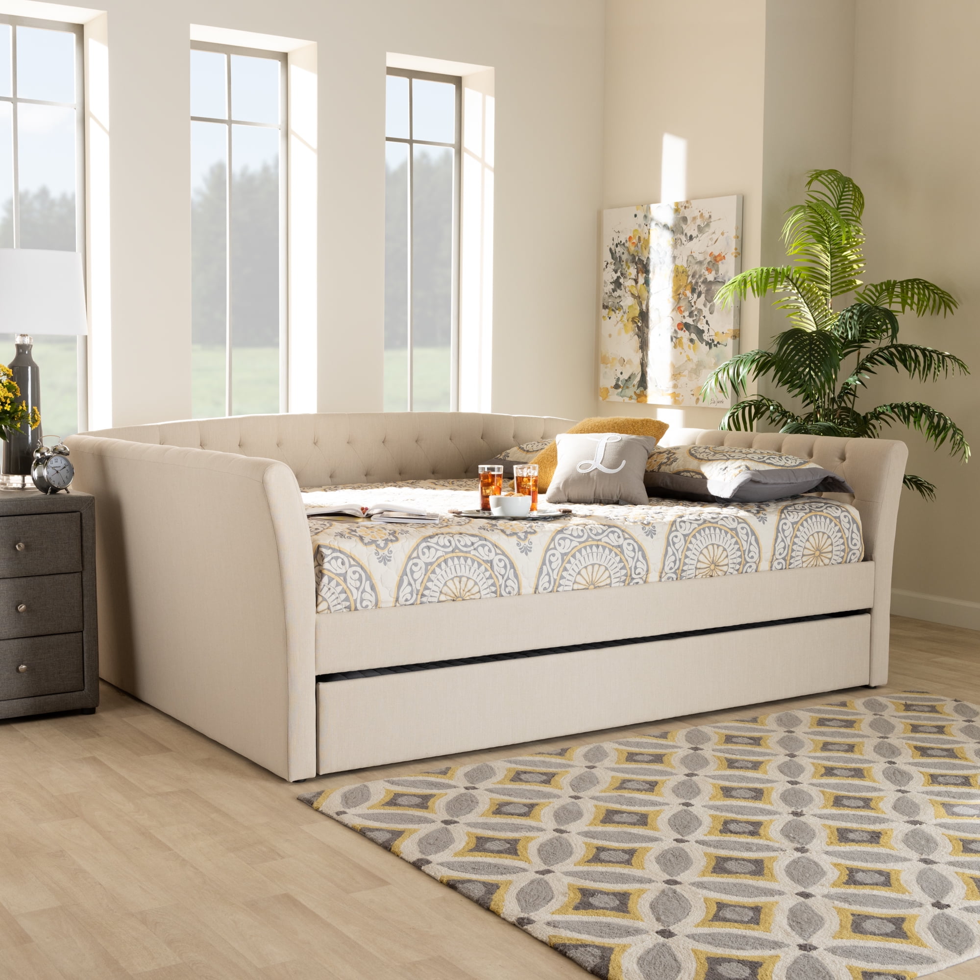 Baxton Studio Delora Beige Upholstered Full Size Daybed with Roll-Out Trundle Bed