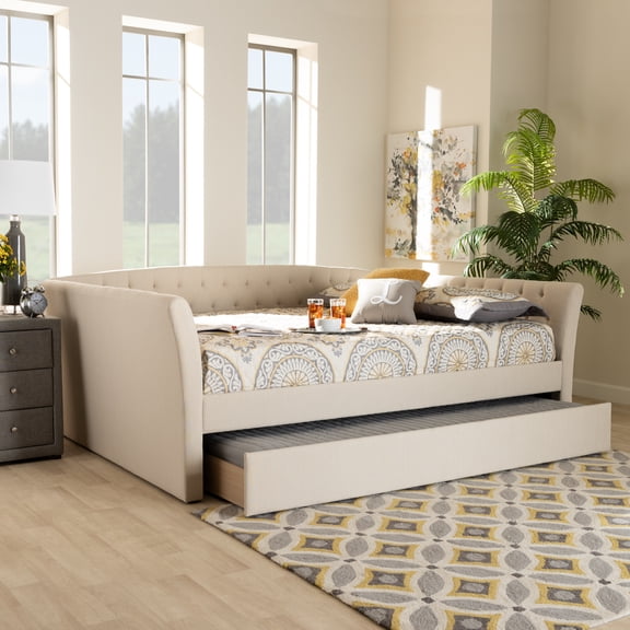 Baxton Studio Delora Beige Upholstered Queen Size Daybed with Roll-Out Trundle Bed