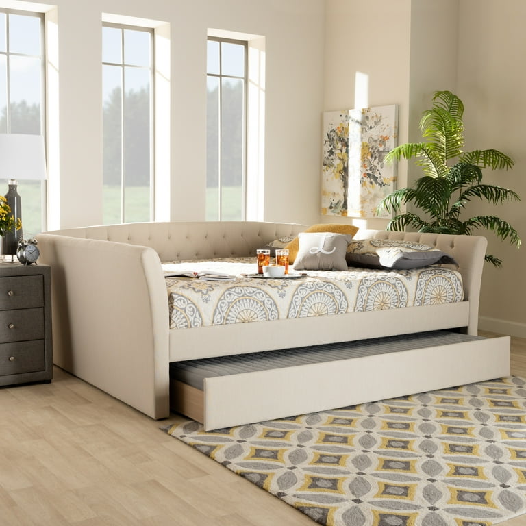 Baxton Studio Delora Beige Upholstered Queen Size Daybed with Roll Out Trundle Bed