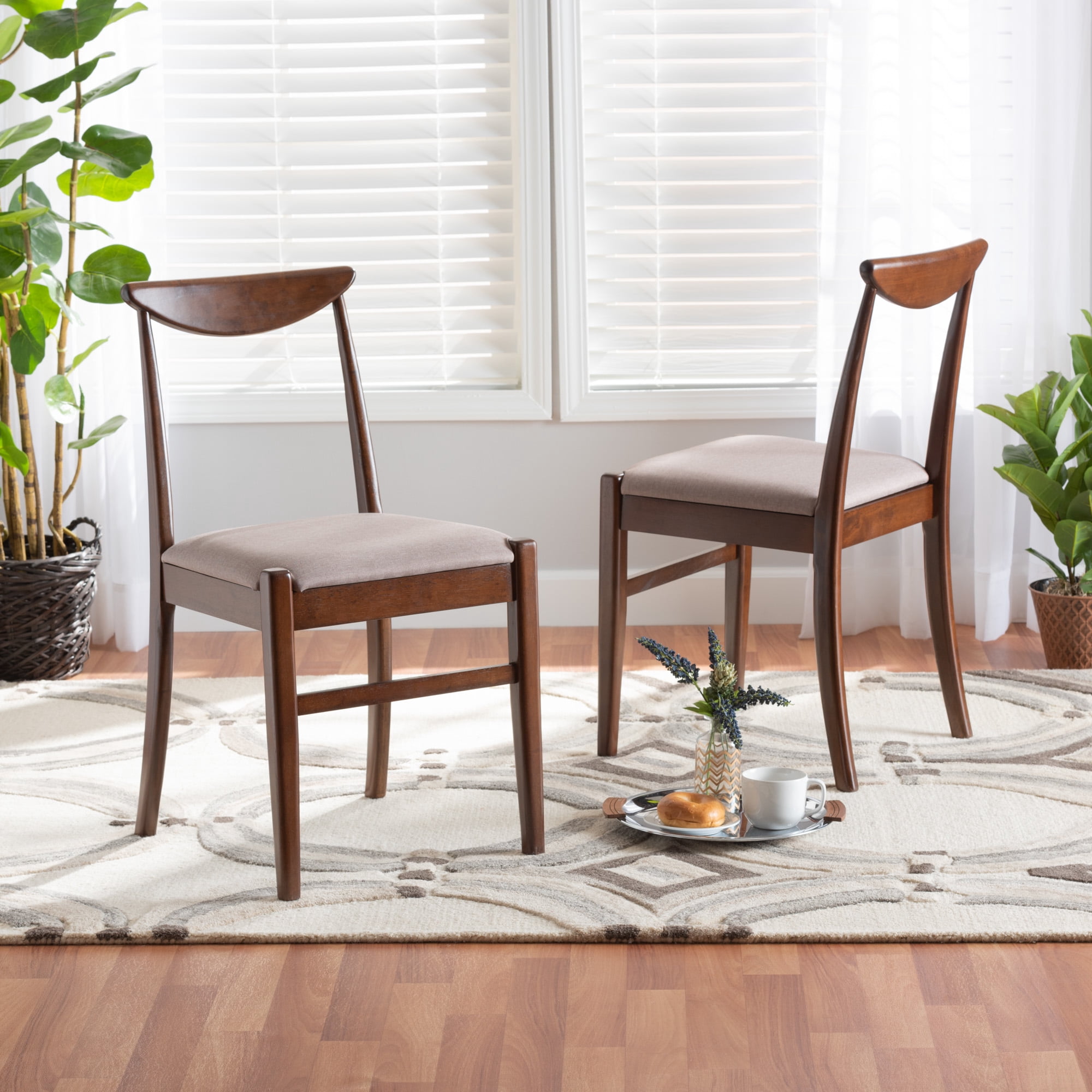 Baxton Studio Delphina Mid-Century Modern Warm Grey Fabric and Dark Brown Finished Wood 2-Piece Dining Chair Set