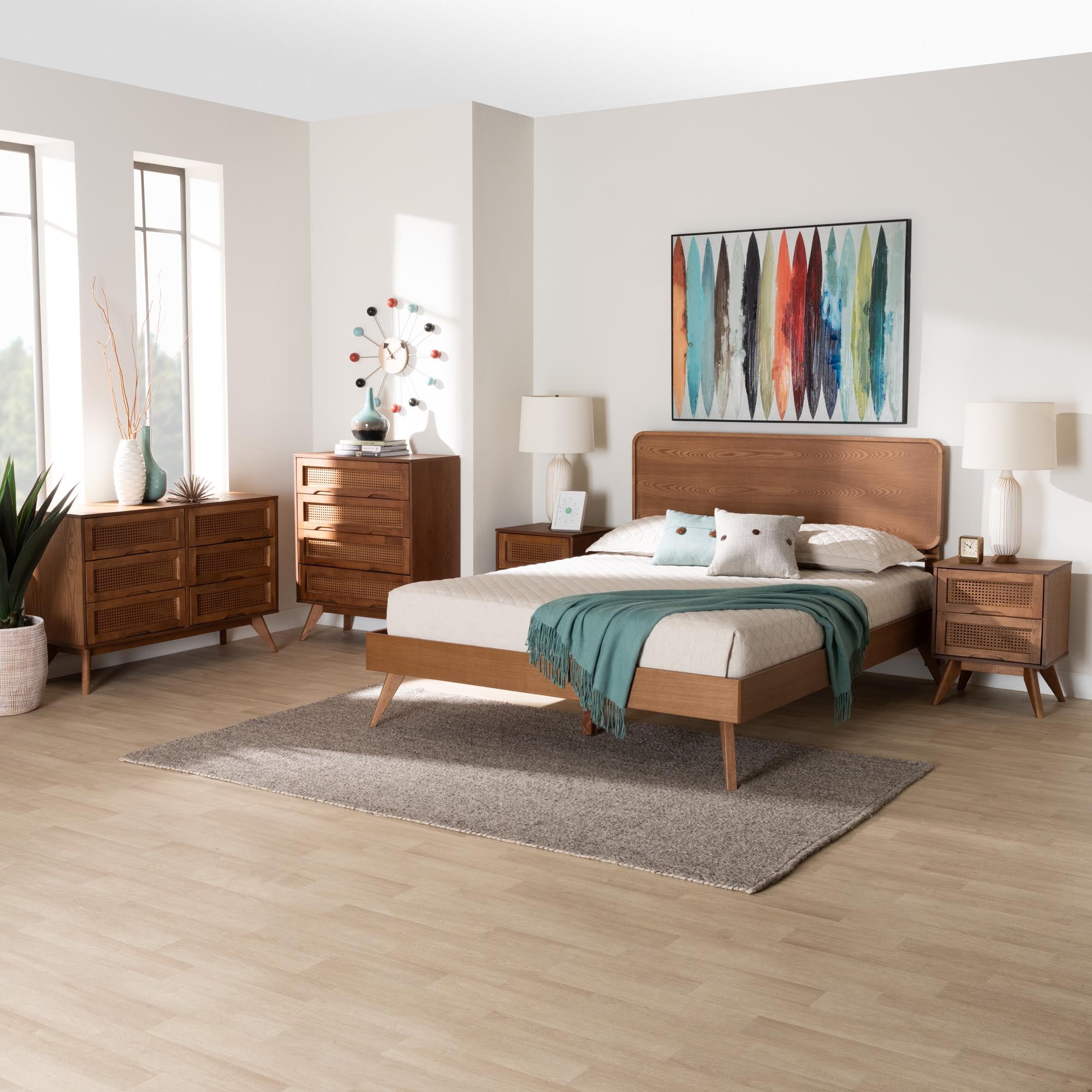Baxton Studio Demeter Mid-Century Bedroom Set, 5-Piece, Walnut Brown