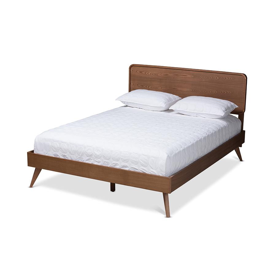 Mid-Century Modern Walnut Queen Bed with Tufted Upholstered Headboard