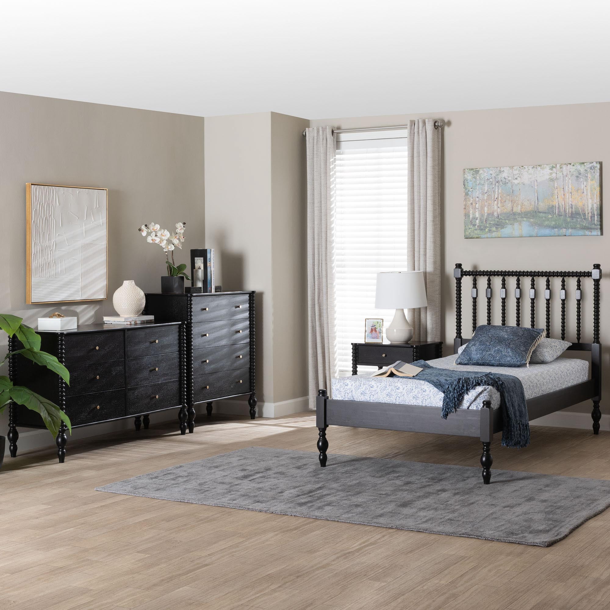 Baxton Studio Denita Farmhouse Bedroom Set, Twin, 4-Piece, Black