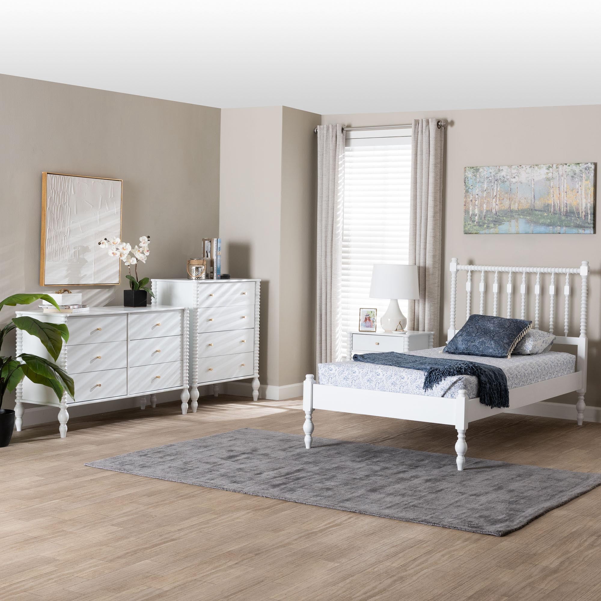 Baxton Studio Denita Farmhouse Bedroom Set, Twin, 4-Piece, White
