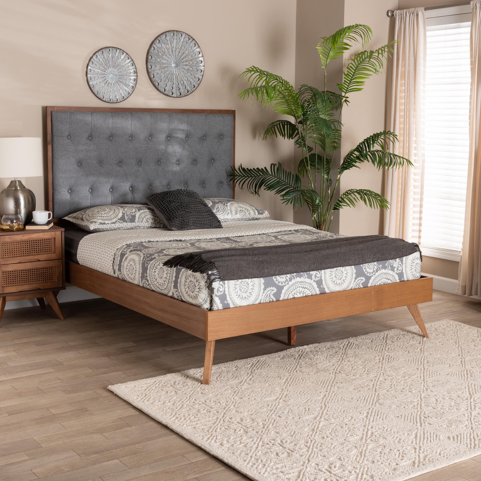 Baxton Studio Dericia Classic and Traditional Grey Fabric and Walnut Brown Finished Wood King Size Platform Bed