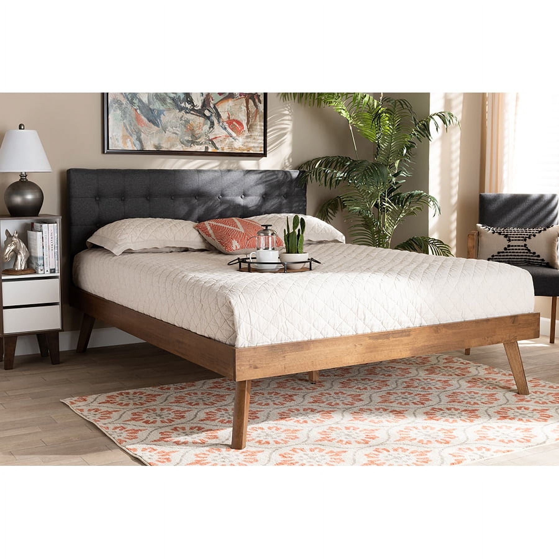 Devan King-Sized Walnut Wood & Grey Upholstered Tufted Bed