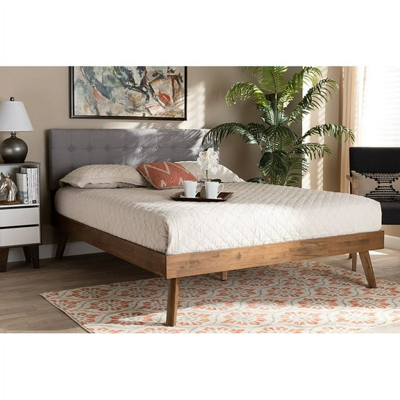 Baxton Studio Devan Mid-Century Engineered Wood Tufted Platform Bed, King, Light Grey/Walnut
