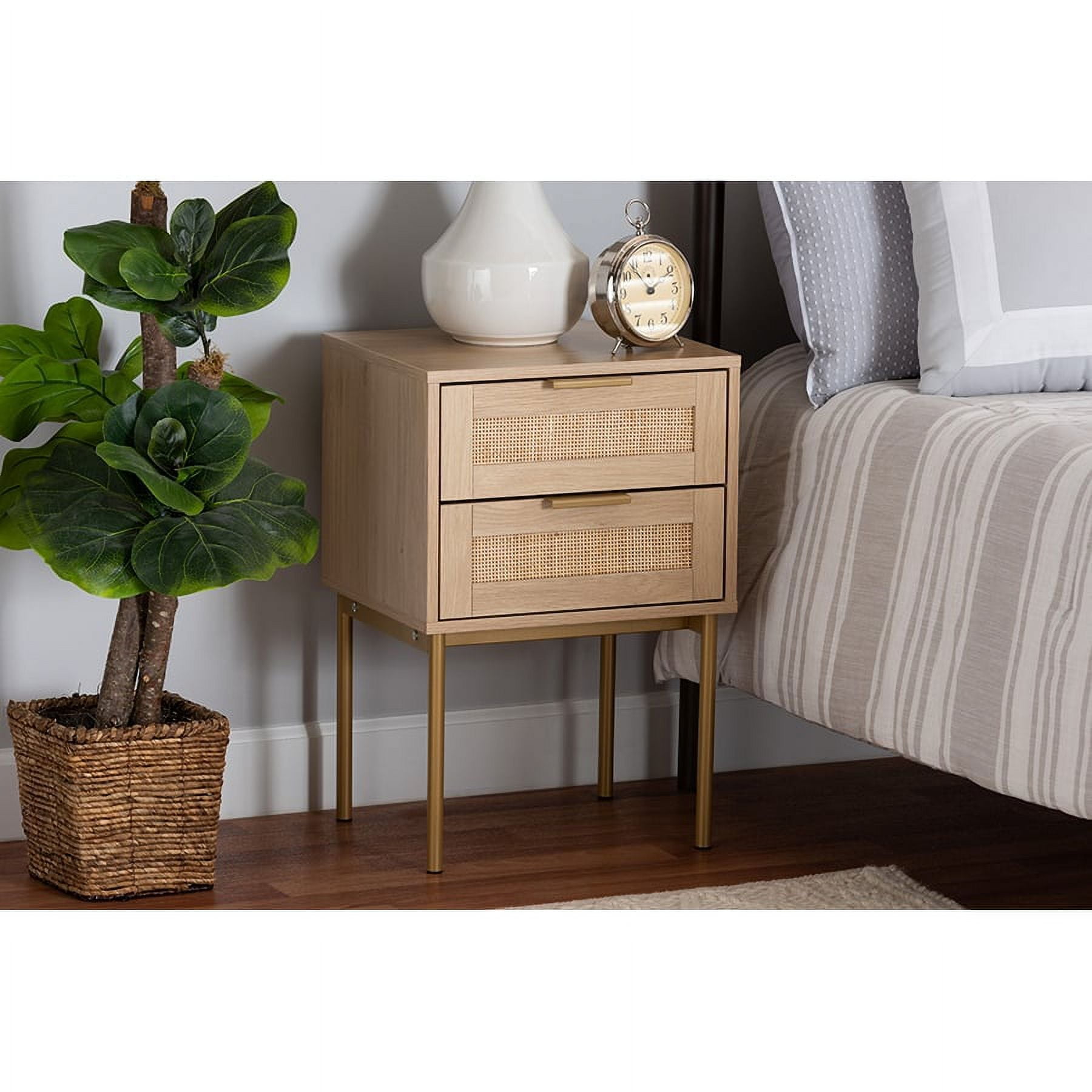 Japandi Light Brown Wood and Gold Metal 2-Drawer End Table with Rattan Fronts