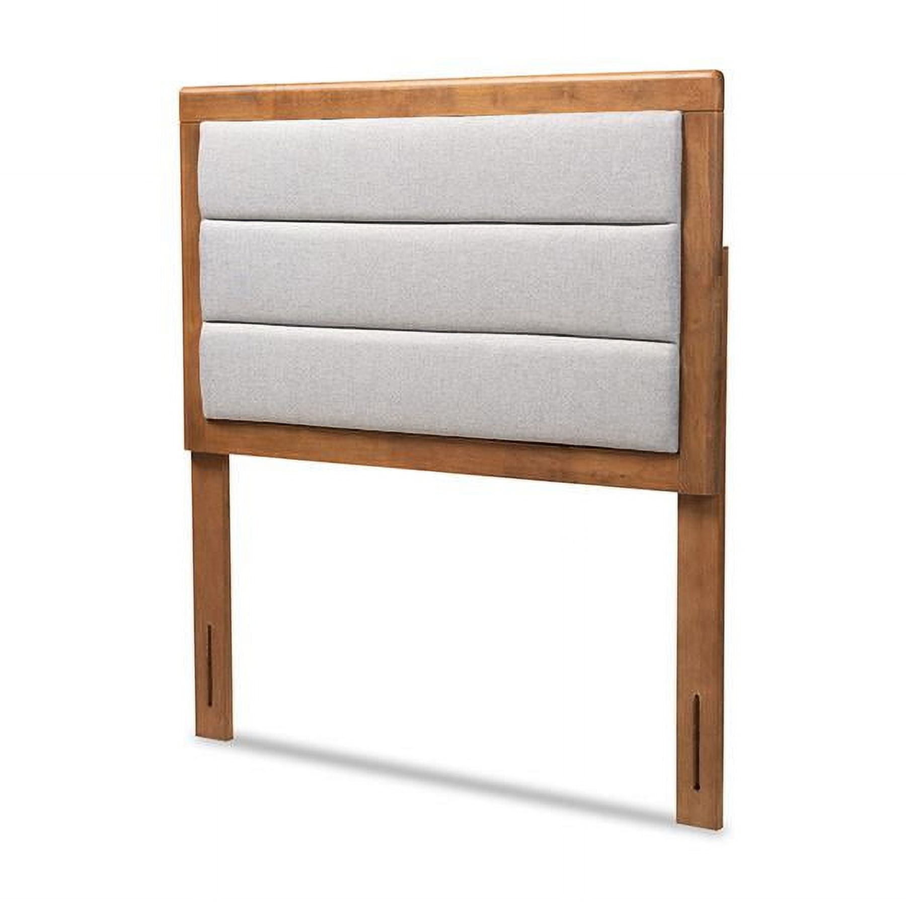 Light Gray Upholstered Twin Headboard with Walnut Wood Frame