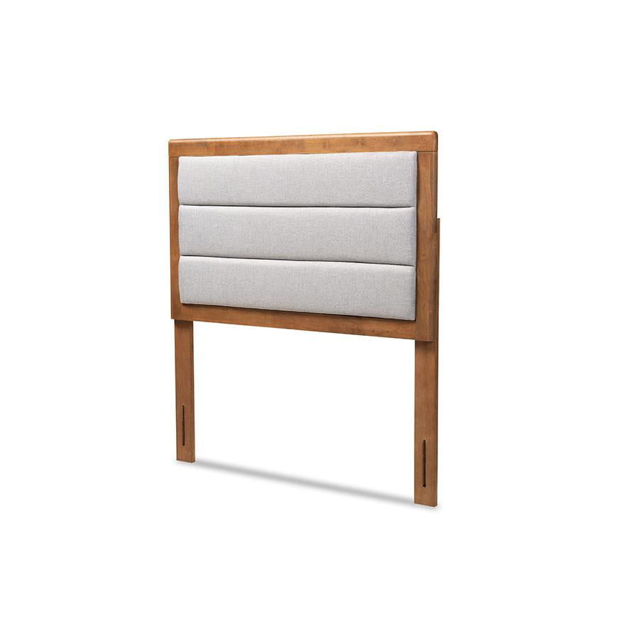 Light Gray Upholstered Twin Headboard with Walnut Wood Frame