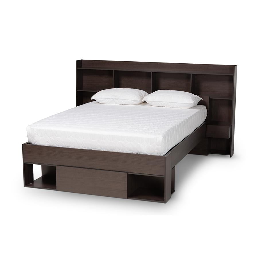 Dexton Dark Brown Queen Wood Platform Storage Bed with Shelves