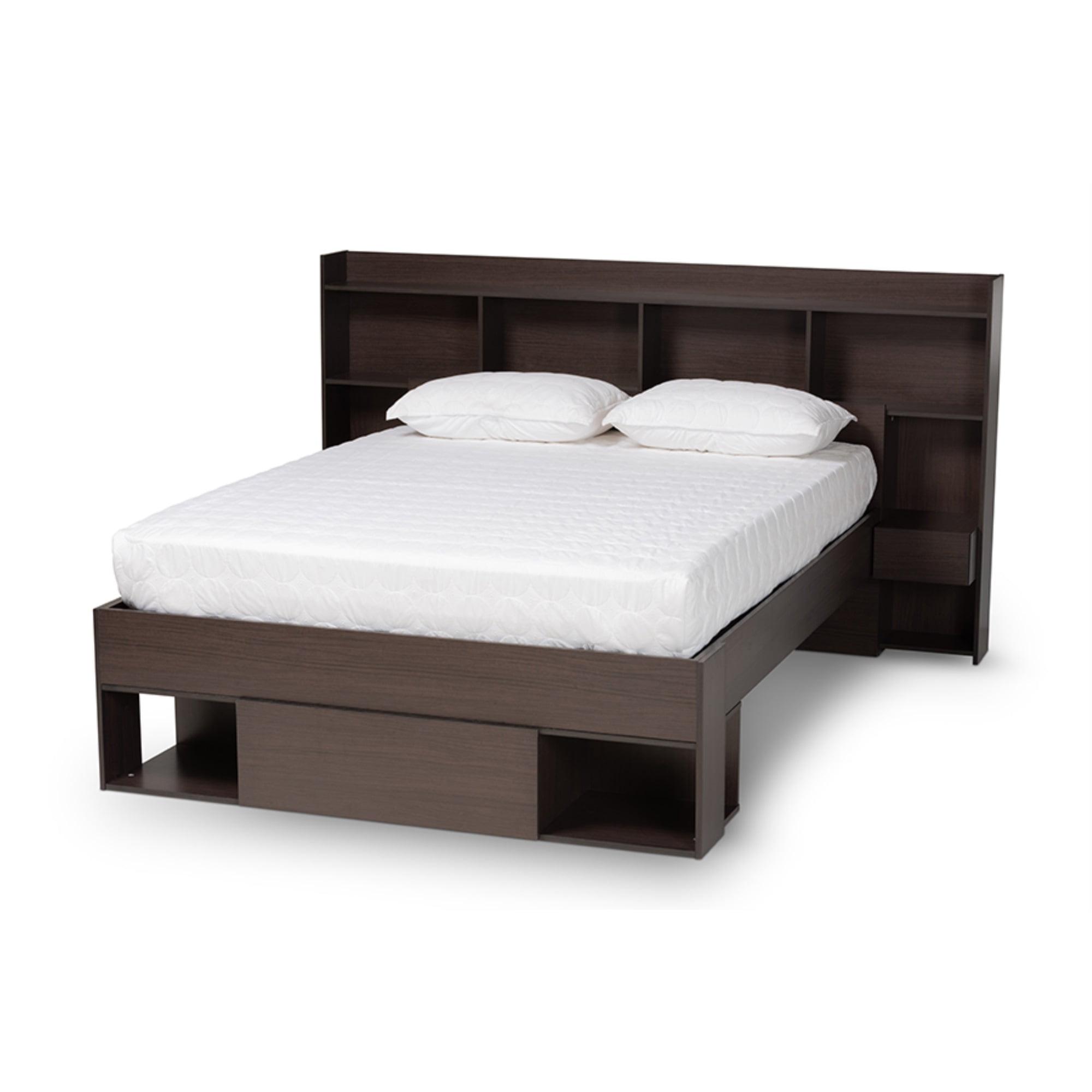 Dexton Dark Brown Queen Wood Platform Storage Bed with Shelves