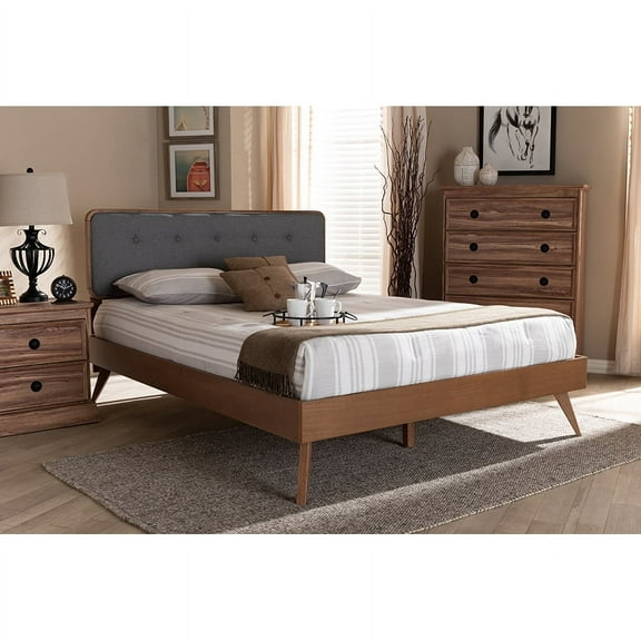 Baxton Studio Dilara Mid-Century Modern Dark Grey Fabric Upholstered Walnut Brown Finished Wood Full Size Platform Bed