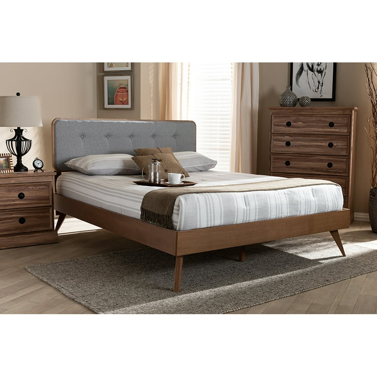Baxton Studio Dilara Mid-Century Modern Dark Grey Fabric Upholstered Walnut Brown Finished Wood King Size Platform Bed Baxton Studio Dilara Mid-Century Modern Dark Grey Fabric Upholstered Walnut Brown Finished Wood King Size Platform Bed