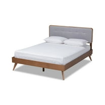 Baxton Studio Dilara Mid-Century Modern Light Grey Fabric Upholstered Walnut Brown Finished Wood Queen Size Platform Bed